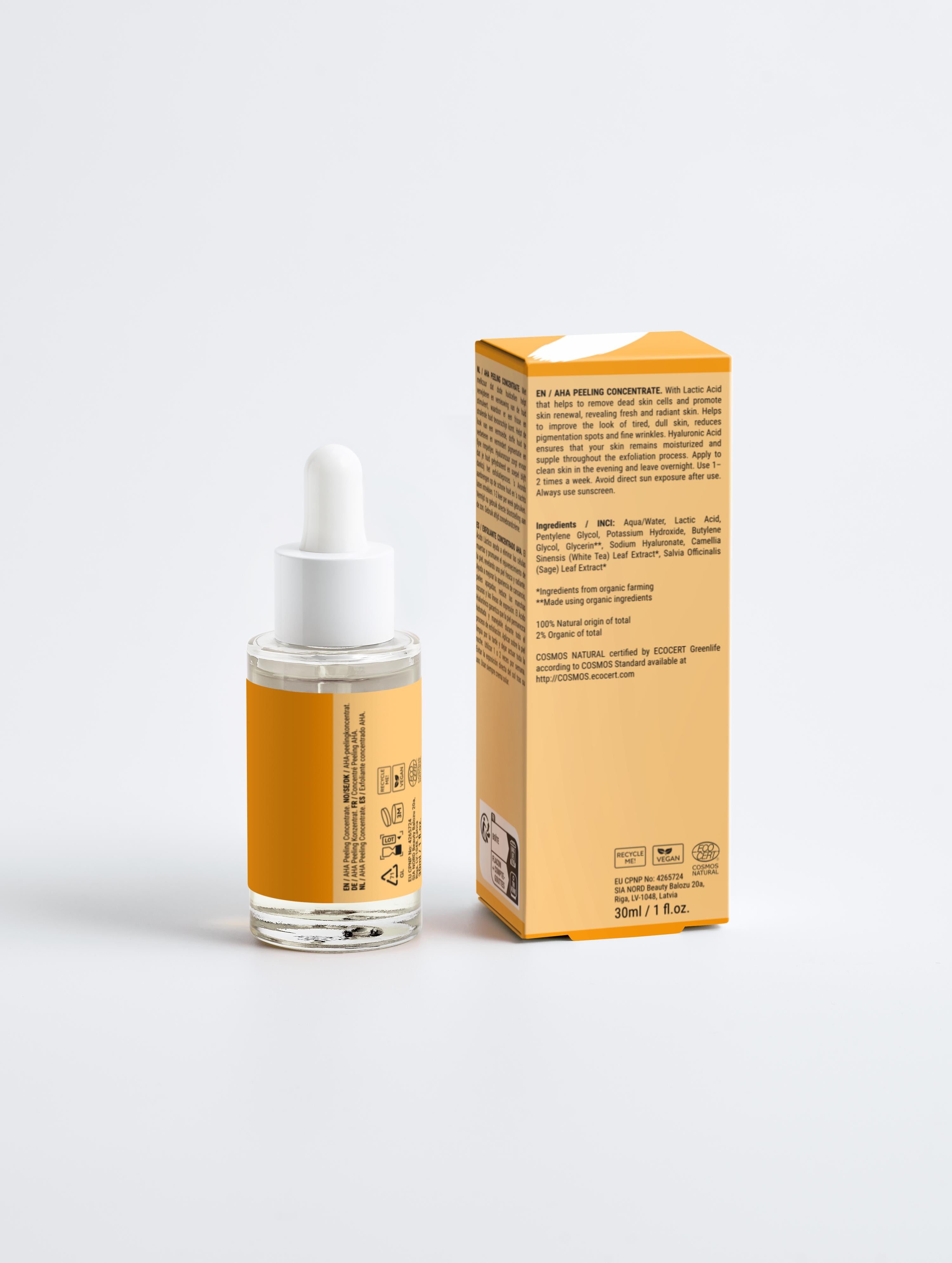 AHA Peeling Concentrate For Skincare bottle and packaging showcasing eco-friendly ingredients and benefits.
