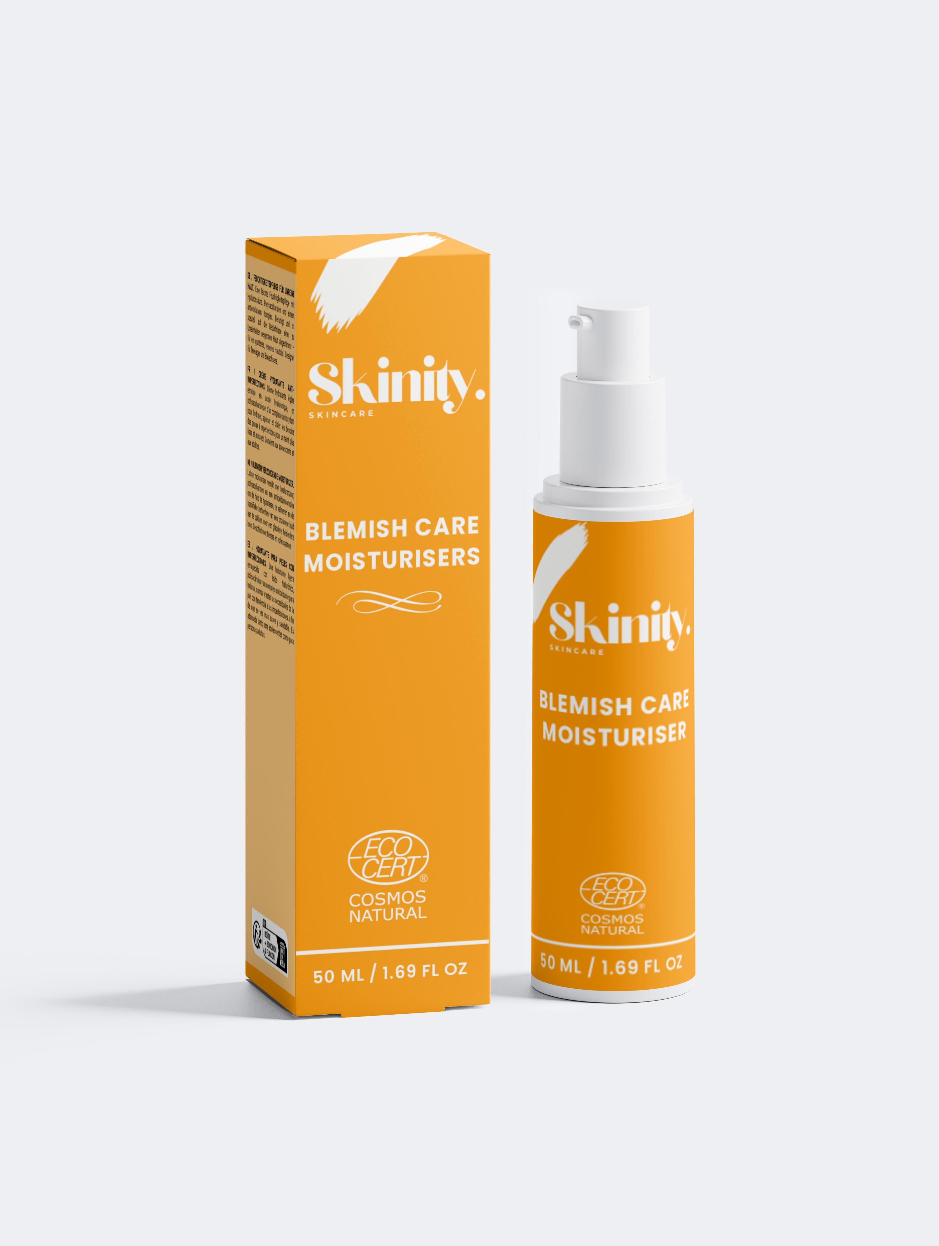 Skinity Blemish Care Moisturiser bottle and packaging on a luxury marble surface with crystals and gold accents.