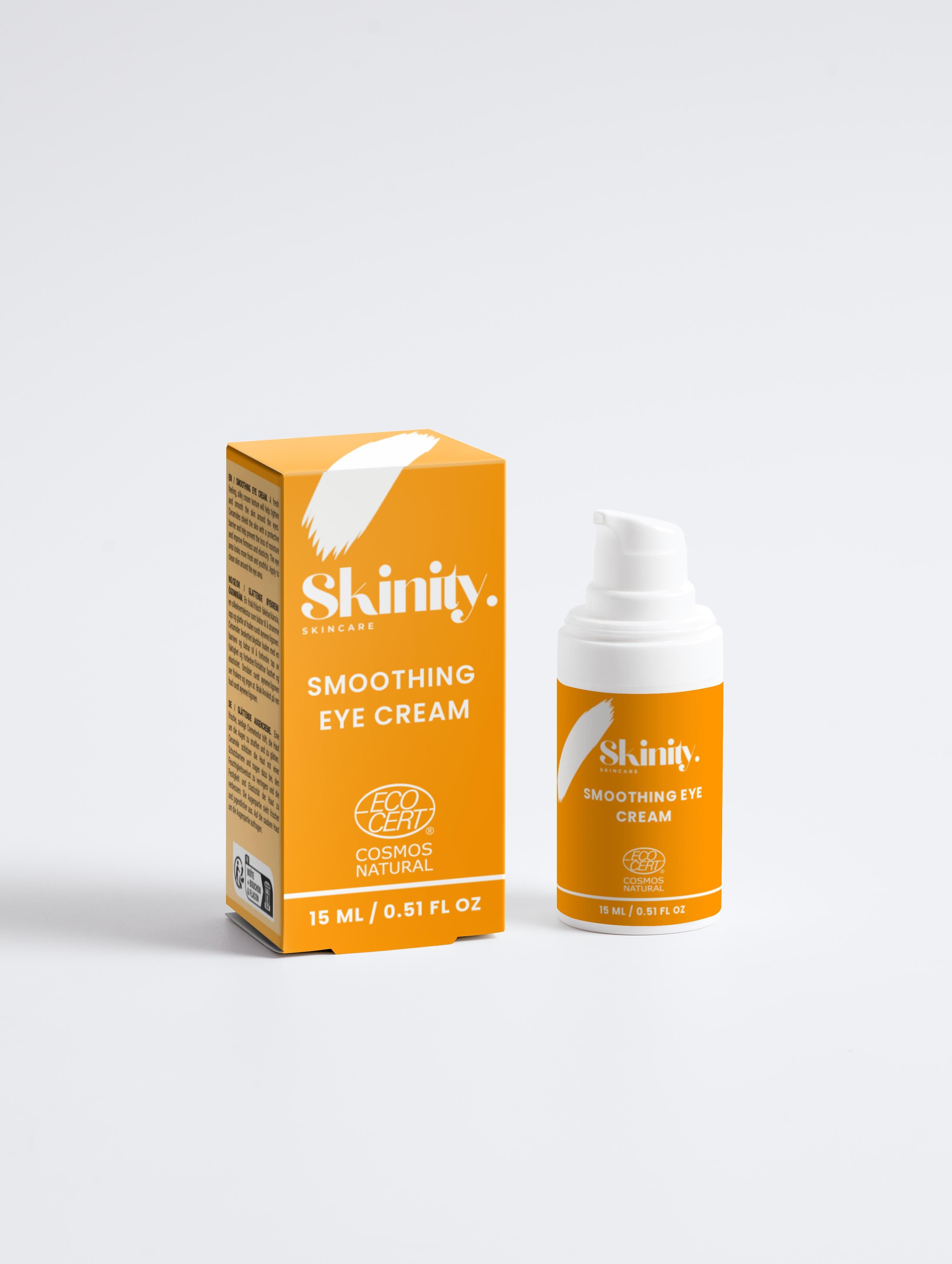 Smoothing eye cream in a white pump bottle with yellow packaging on a neutral background.