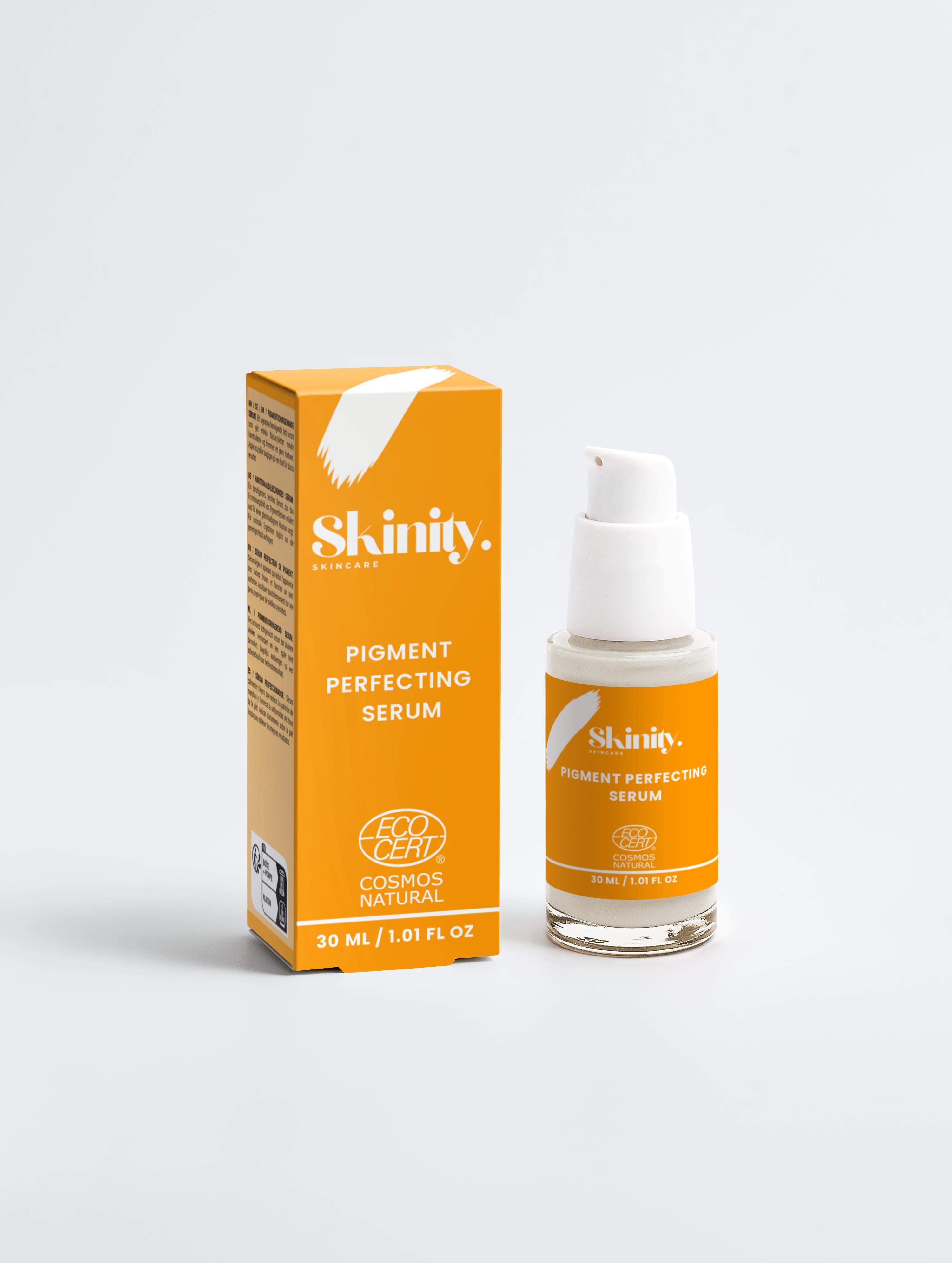 Pigment Perfecting Serum for All Skin in a bottle with an orange box, designed to brighten uneven skin tone.