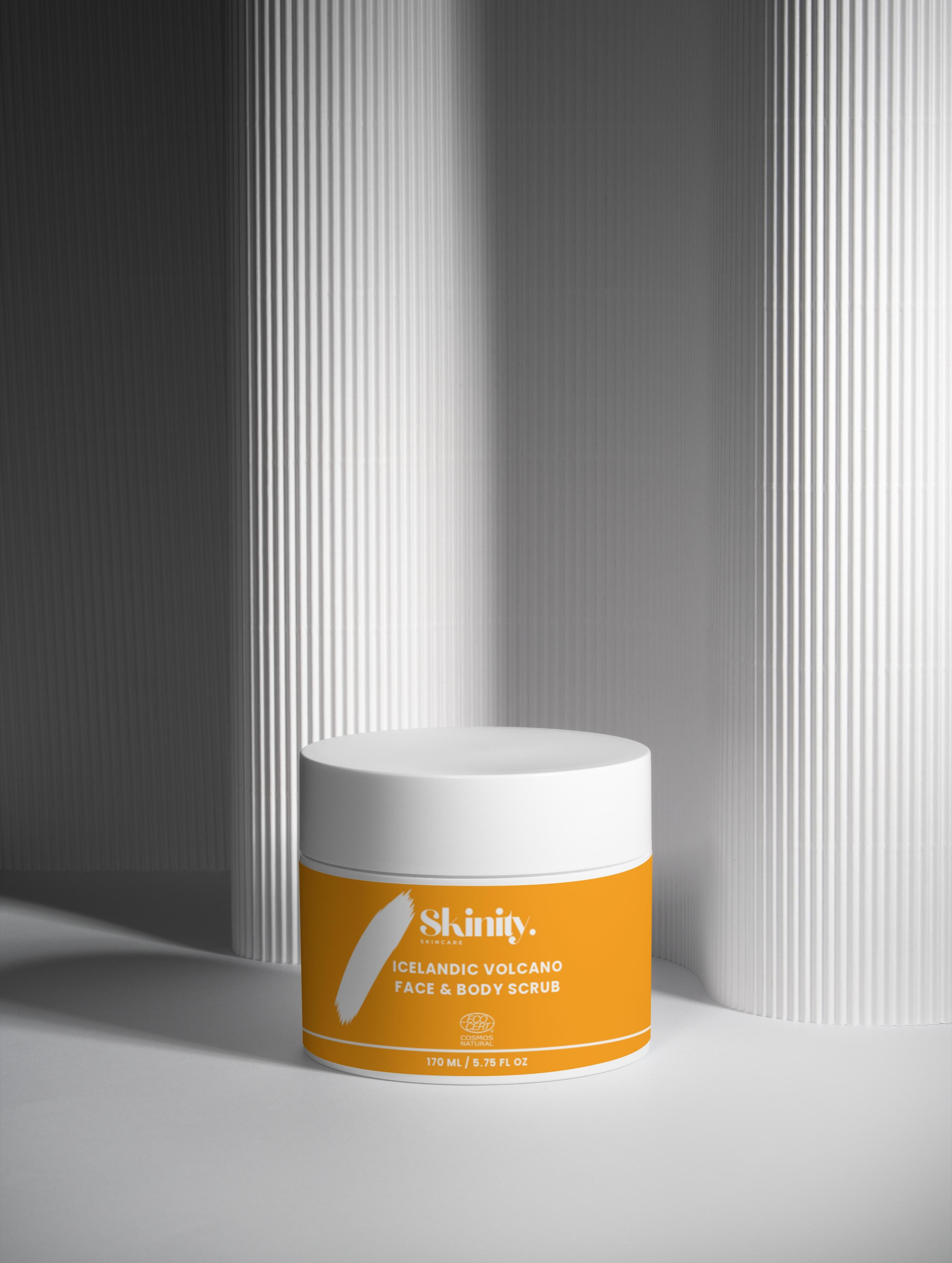 Icelandic Volcano Face and Body Scrub in a stylish jar on a minimalist background.