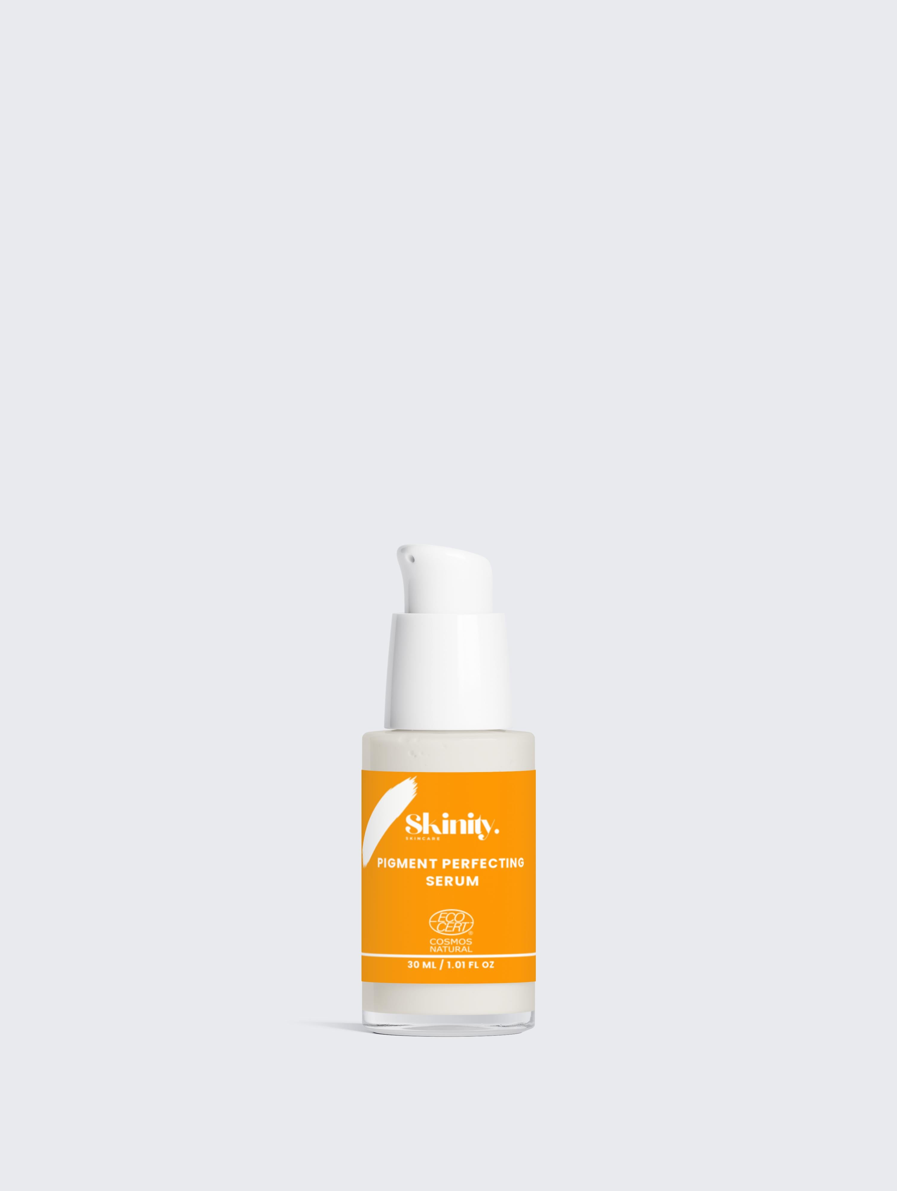 Pigment Perfecting Serum for All Skin in a sleek bottle with an orange label on a light background.