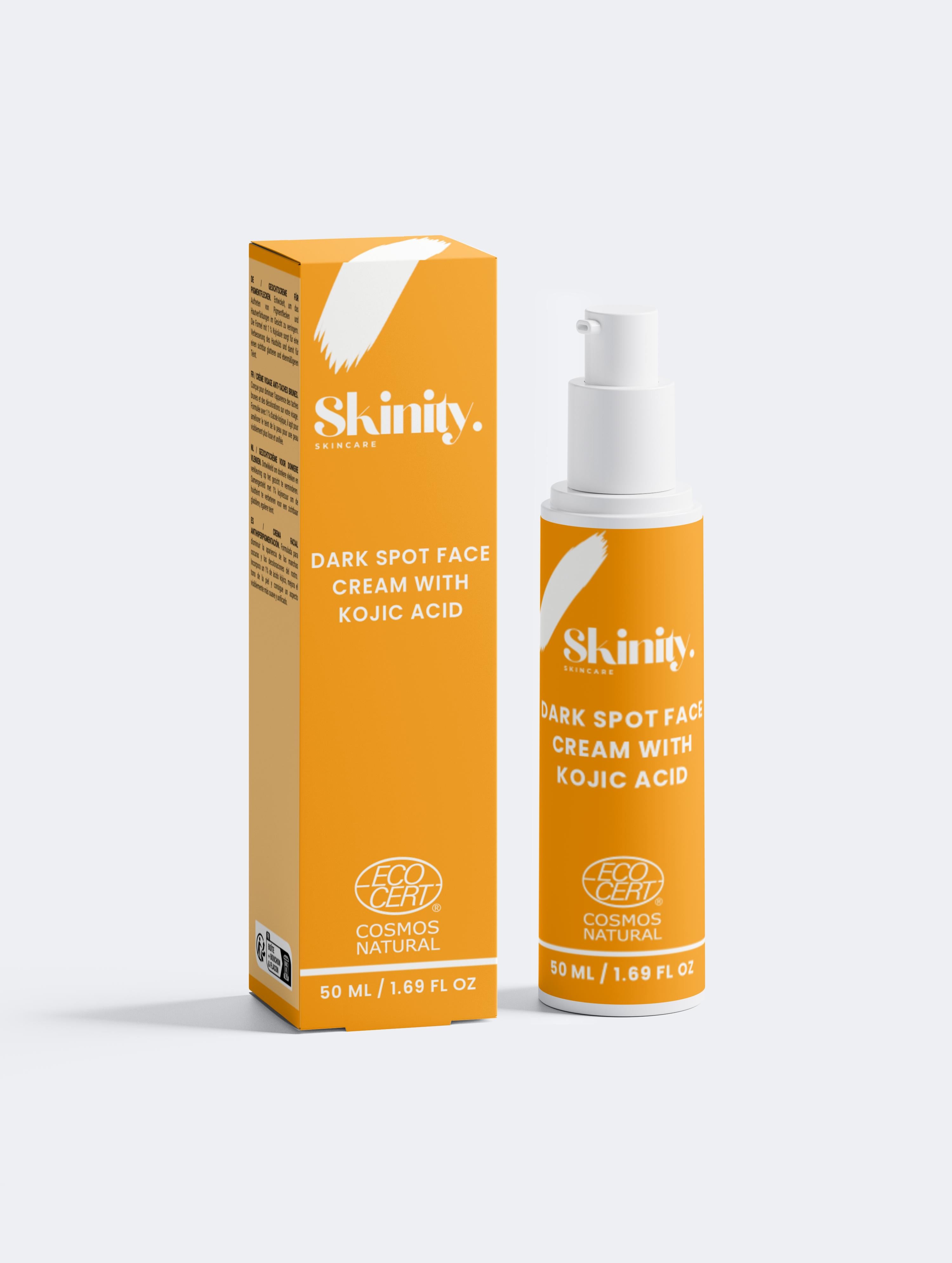 Dark Spot Face Cream with Kojic Acid in an orange bottle and box design, promoting clear and even complexion.