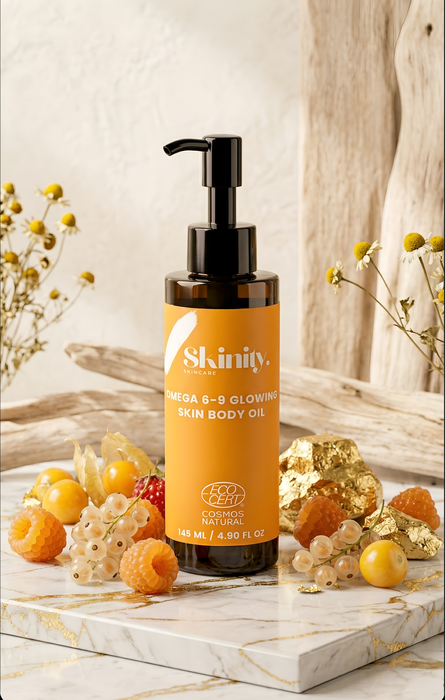 Omega 6-9 Glowing Skin Body Oil For All Skin Types in a stylish bottle surrounded by decorative elements.