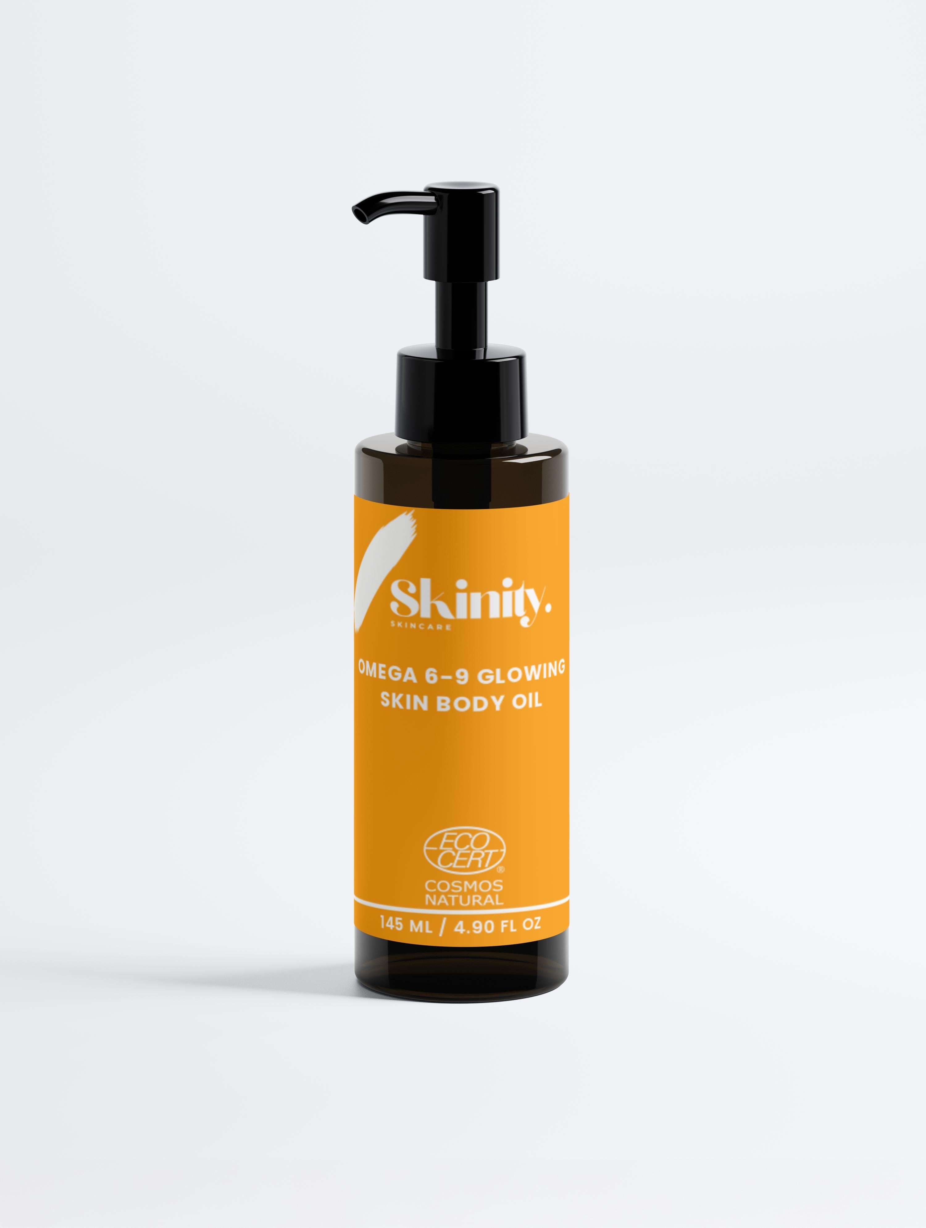 Omega 6-9 Glowing Skin Body Oil For All Skin Types in a pump bottle on a plain background.
