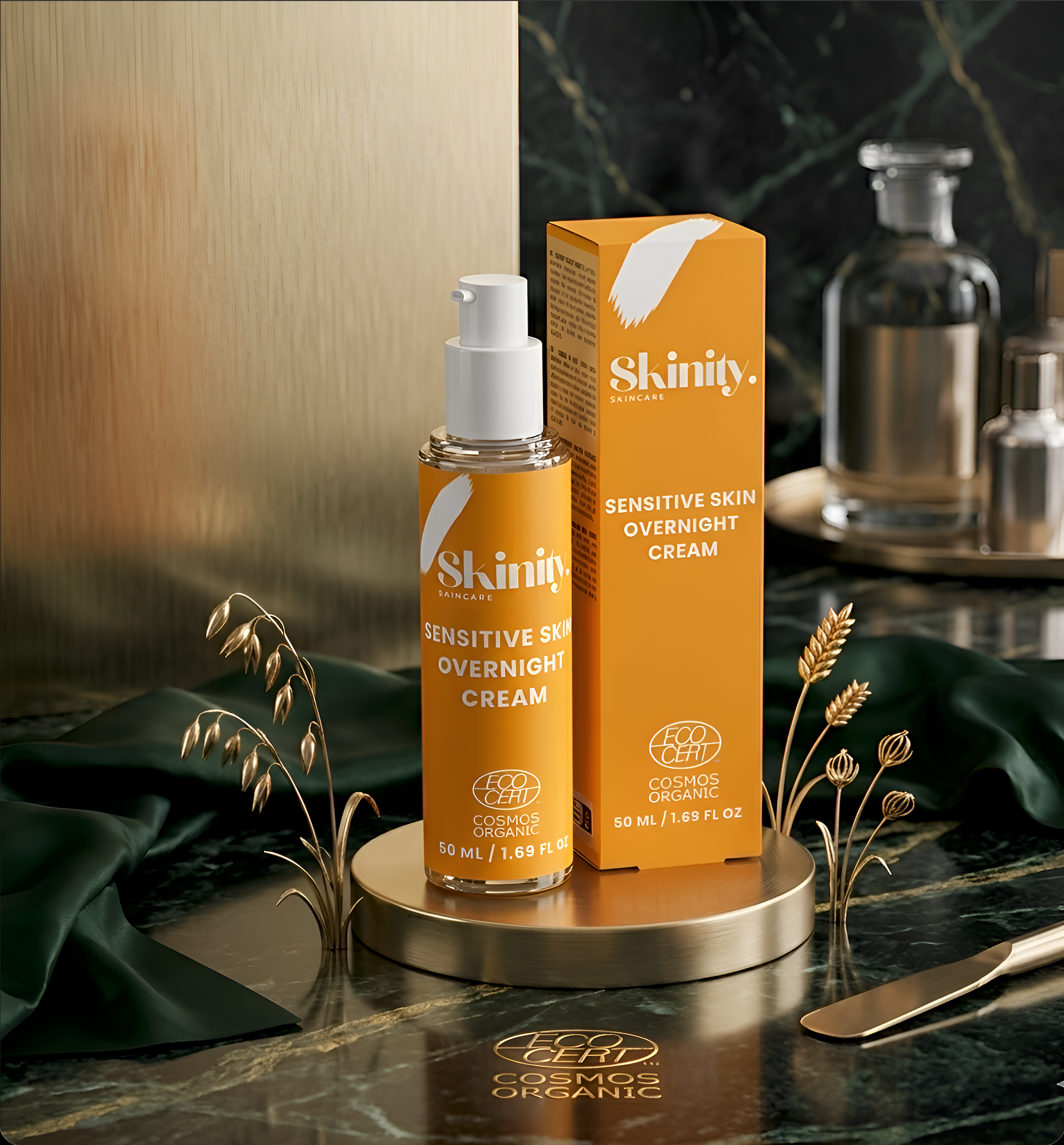 Shinity Sensitive Skin Overnight Cream Fragrance Free bottle and box displayed elegantly on a marble surface.