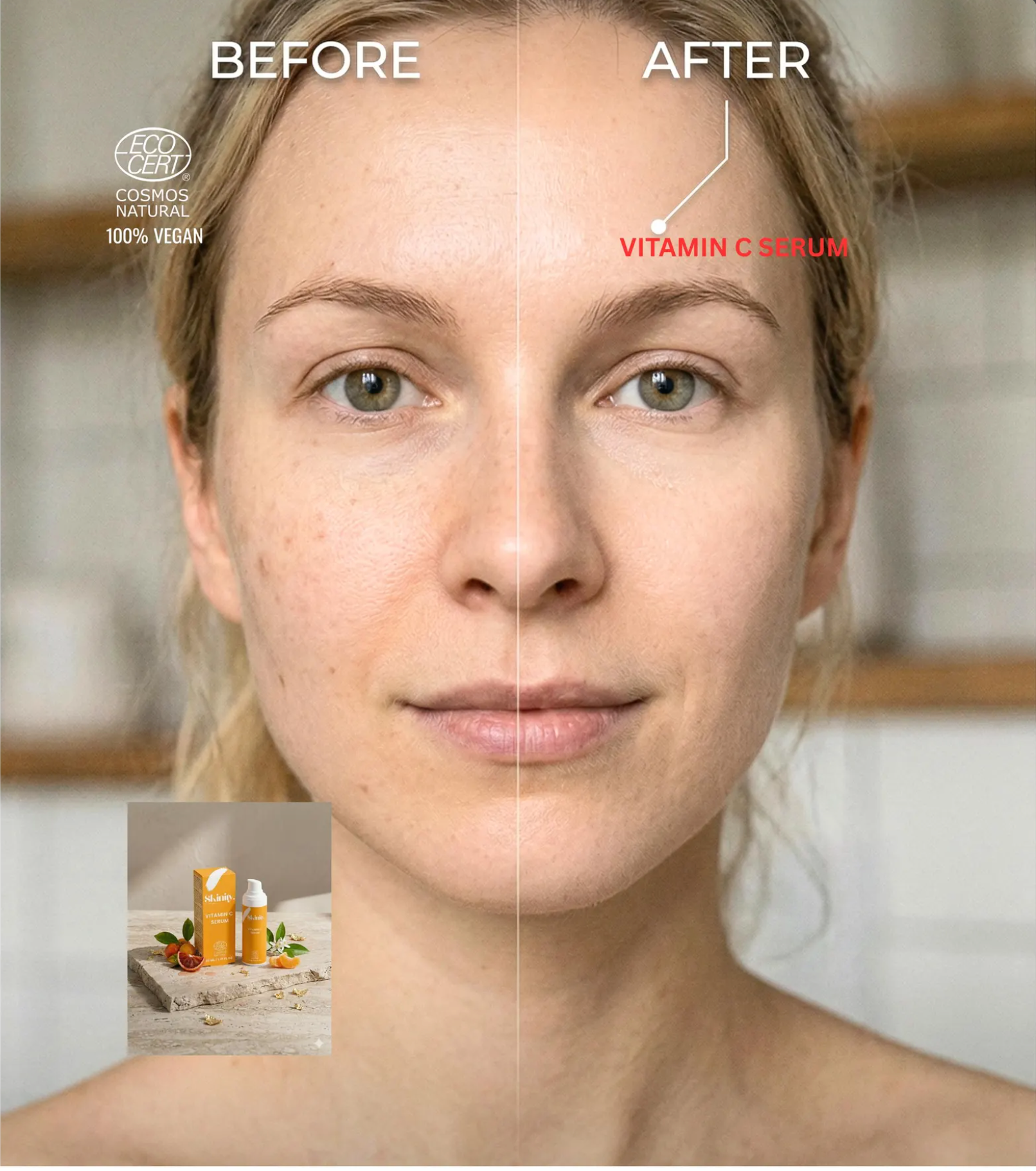 Before and after image showing results of Vitamin C serum for all skin types on a woman's face.