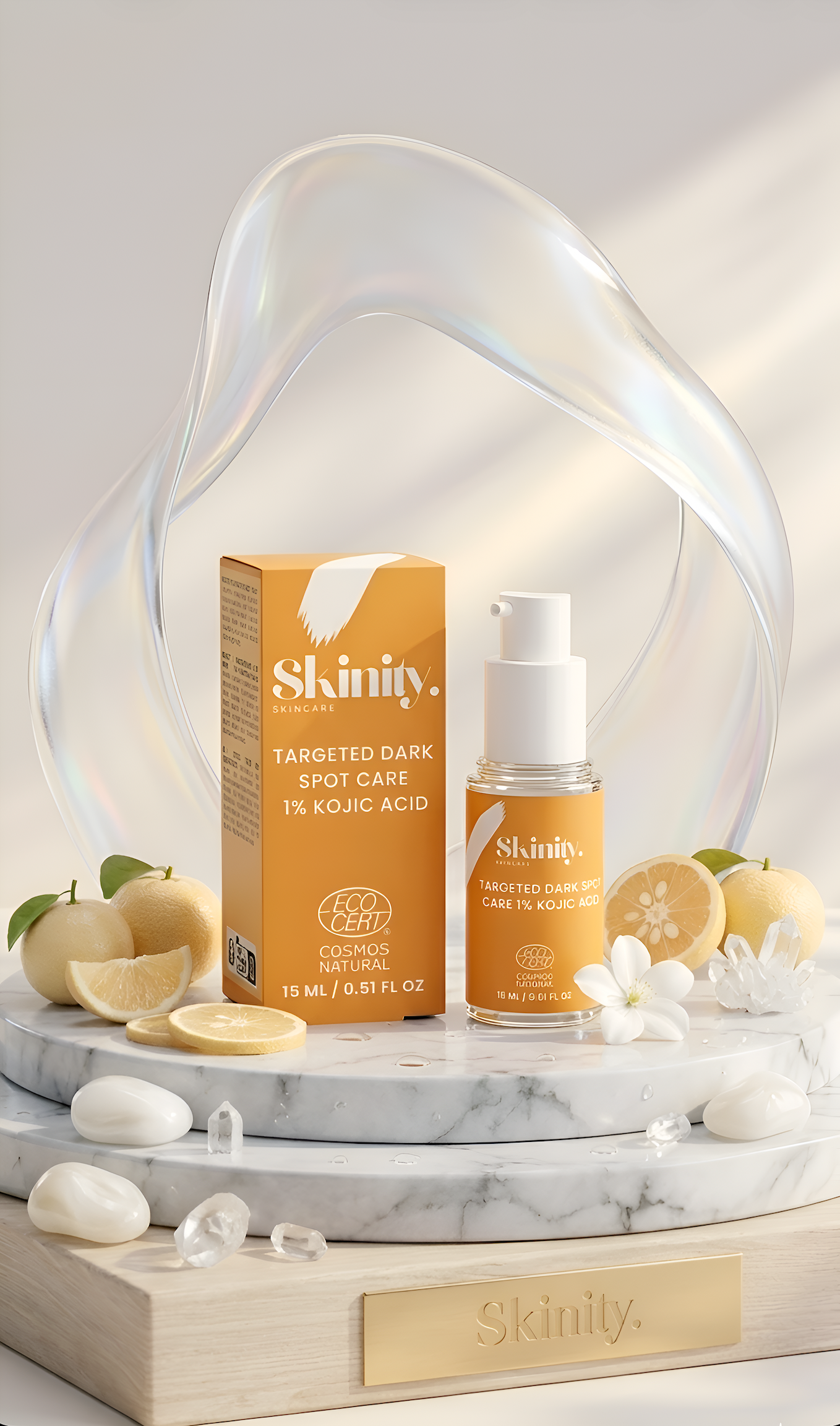 Kojic Acid Dark Spot Treatment by Skinity with packaging and lemons on a marble pedestal.