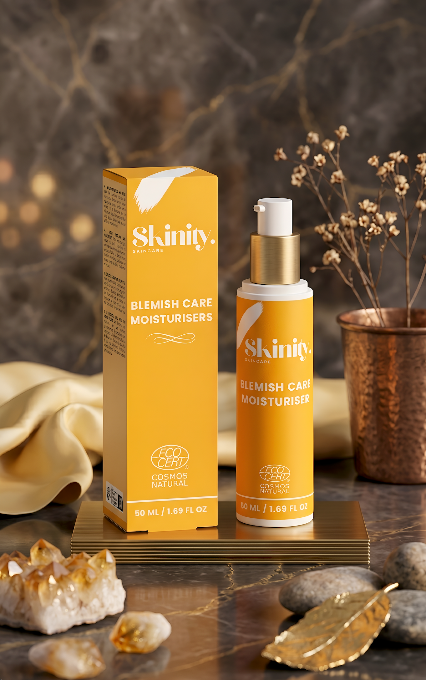 Skinity Blemish Care Moisturiser bottle and packaging on a luxury marble surface with crystals and gold accents.
