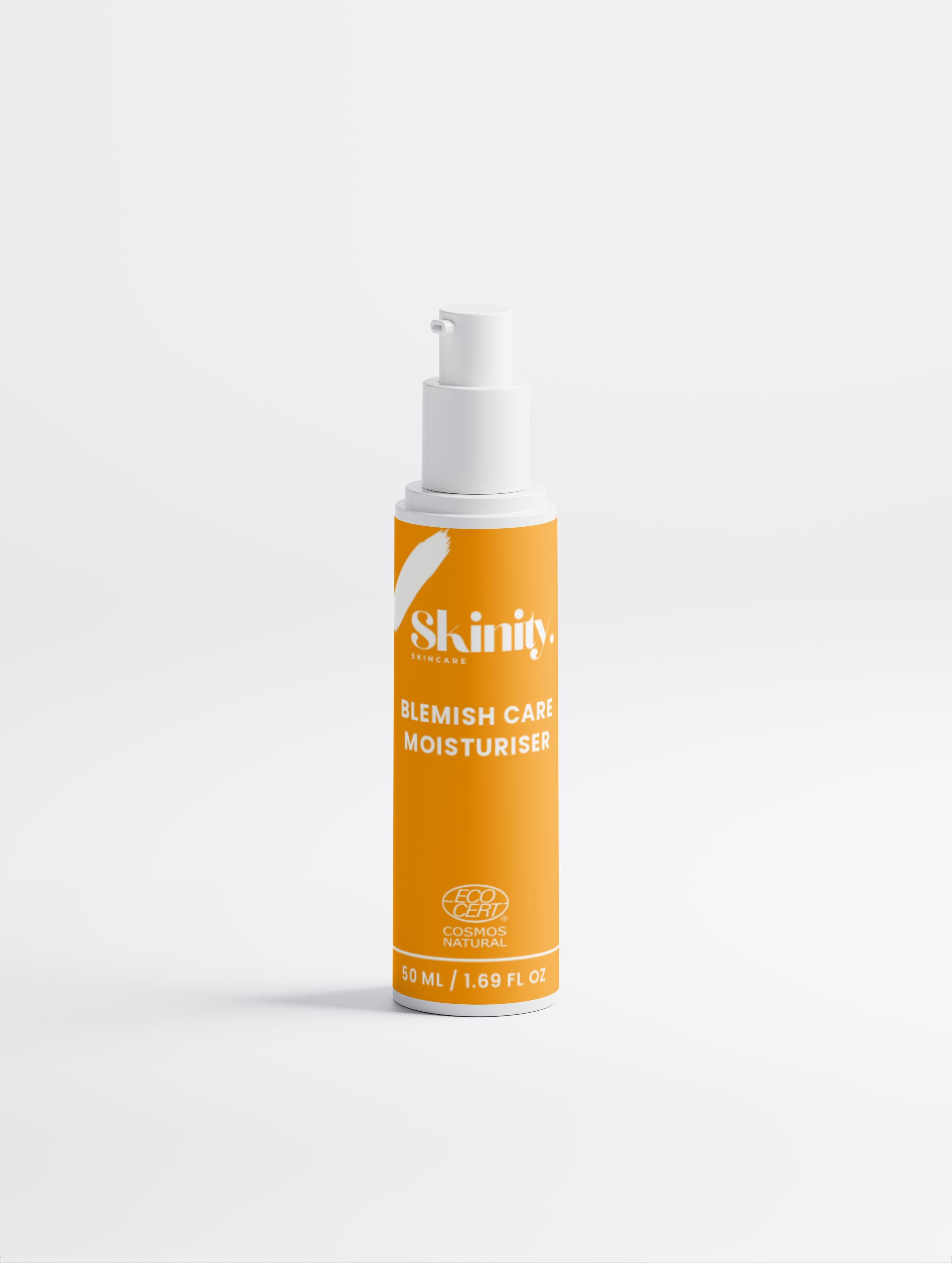 Orange bottle of Skinity Blemish Care Moisturiser on a clean white luxury background.