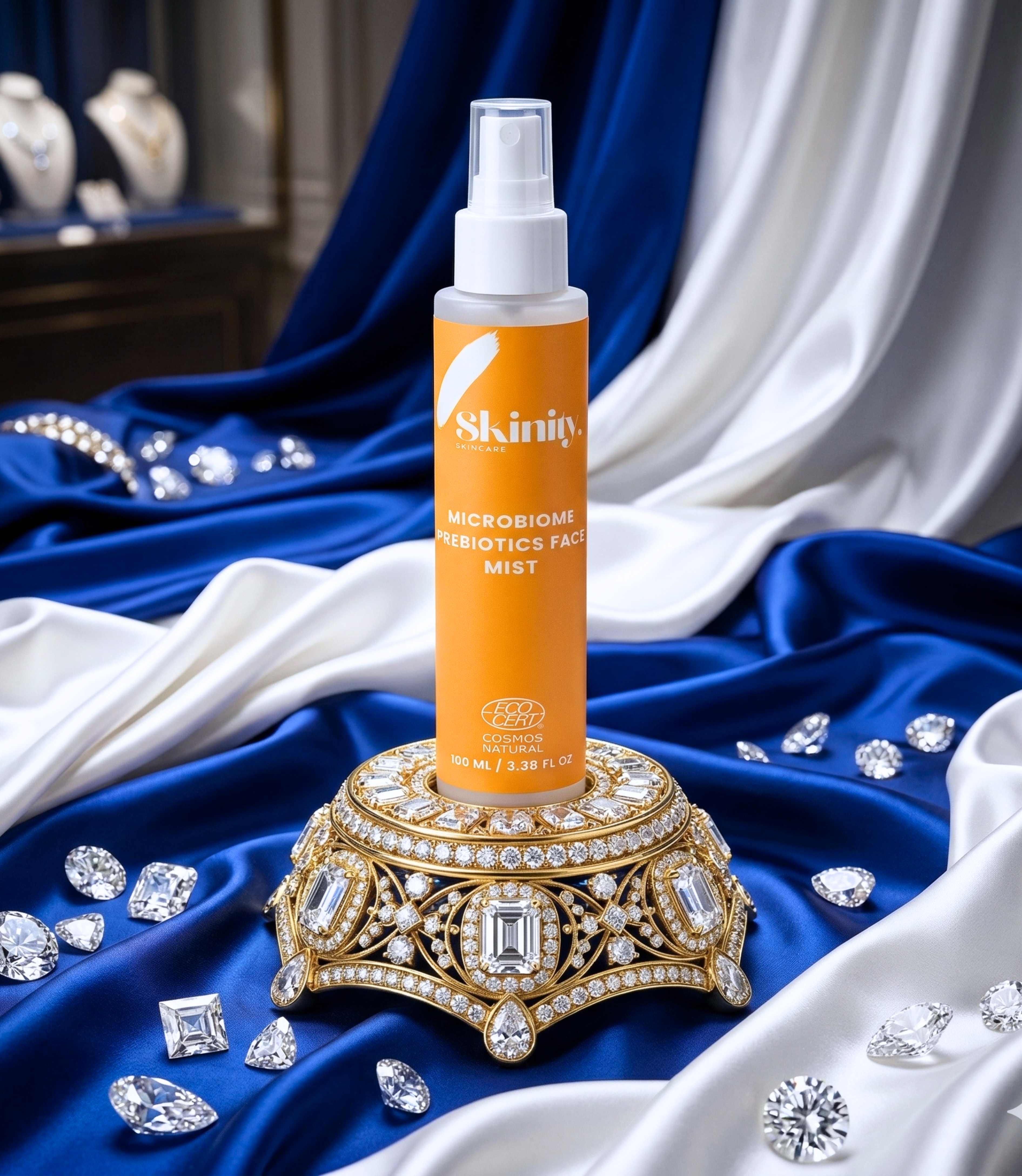 Skinity Microbiome Prebiotics Face Mist displayed elegantly on a jeweled pedestal with luxurious fabrics.