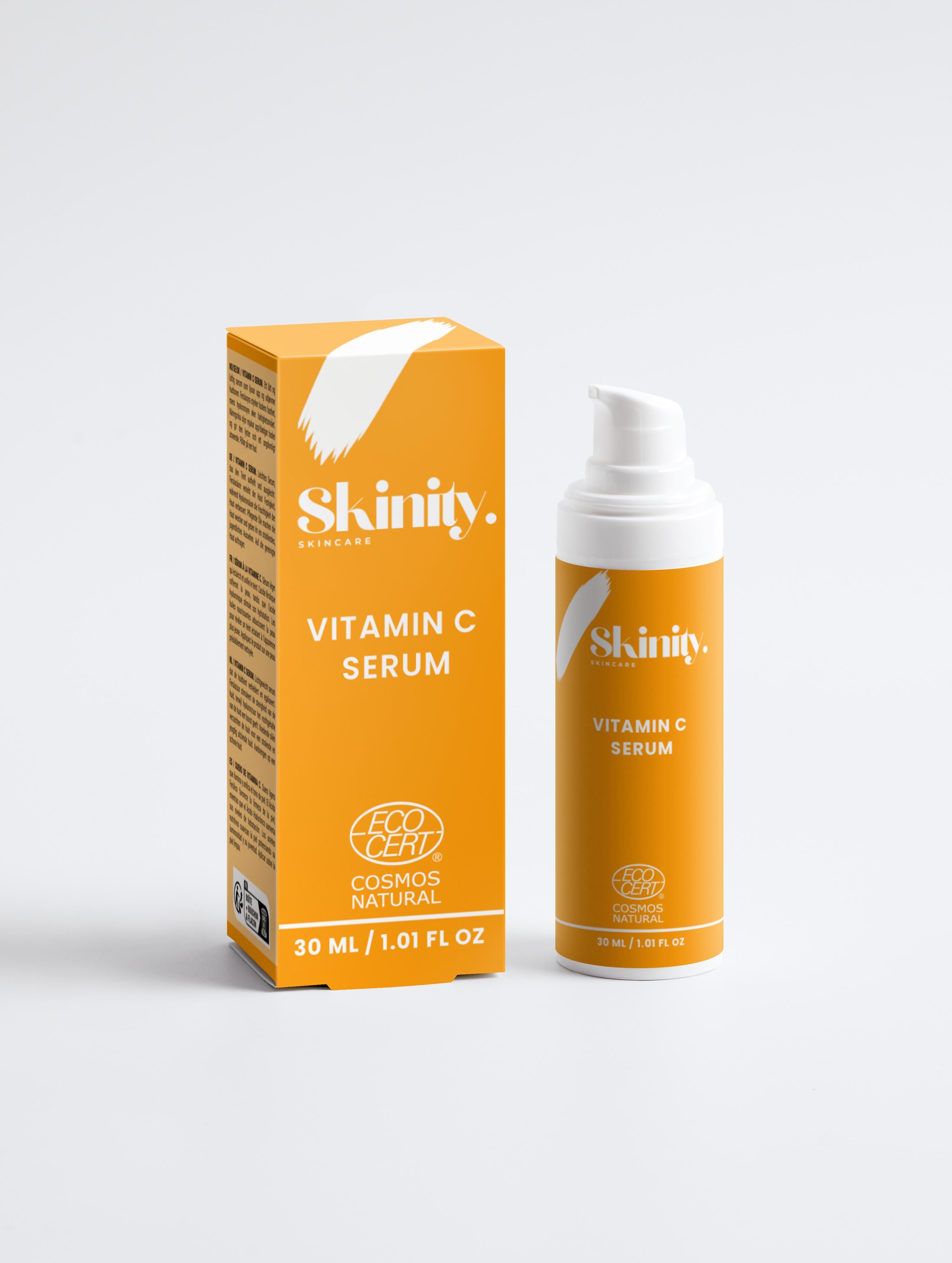 Vitamin C serum for all skin types in a vibrant orange packaging with a pump bottle.