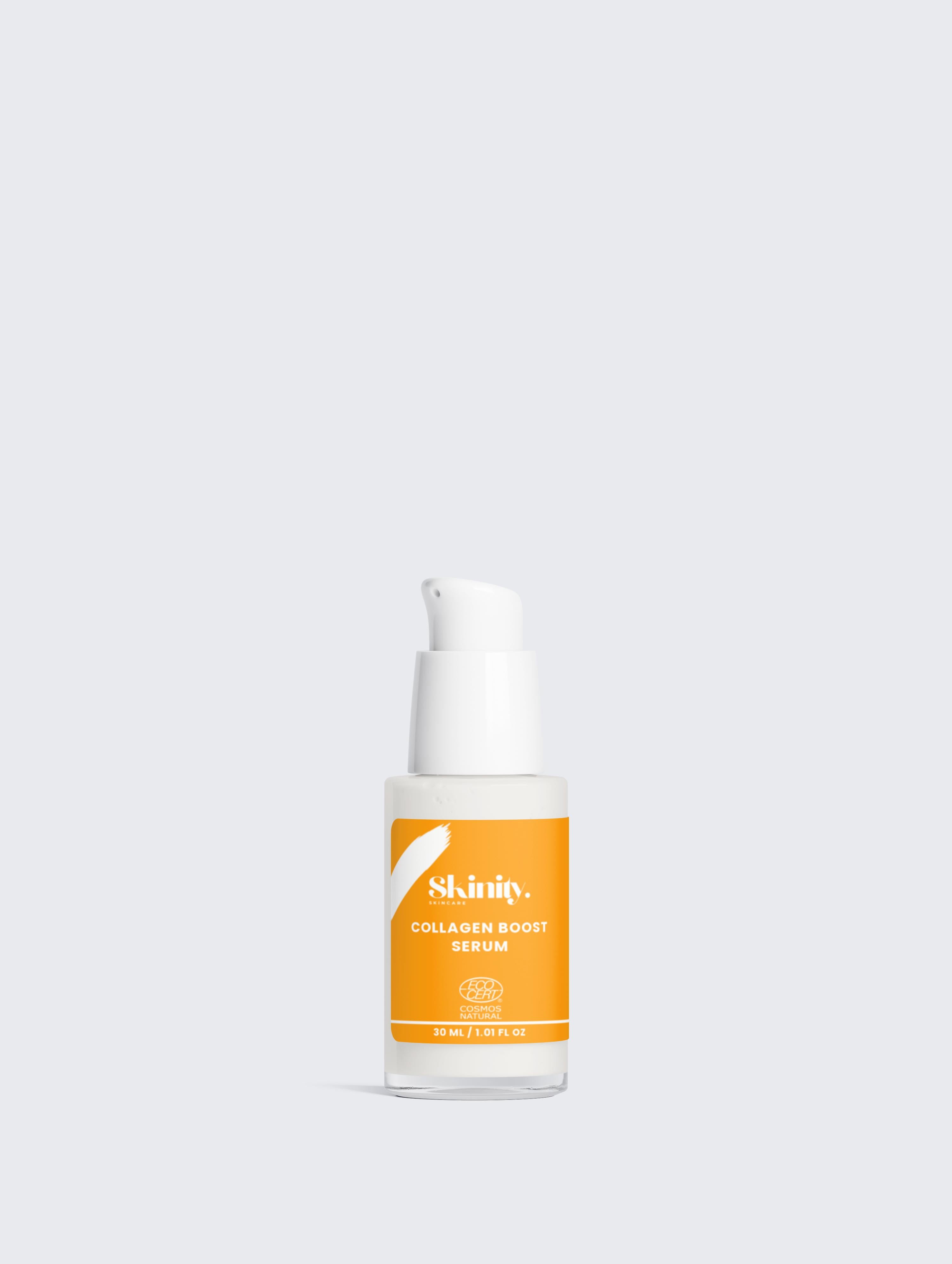Collagen Boost Serum for All Skin in a sleek white and orange bottle designed for hydration and skin firmness.