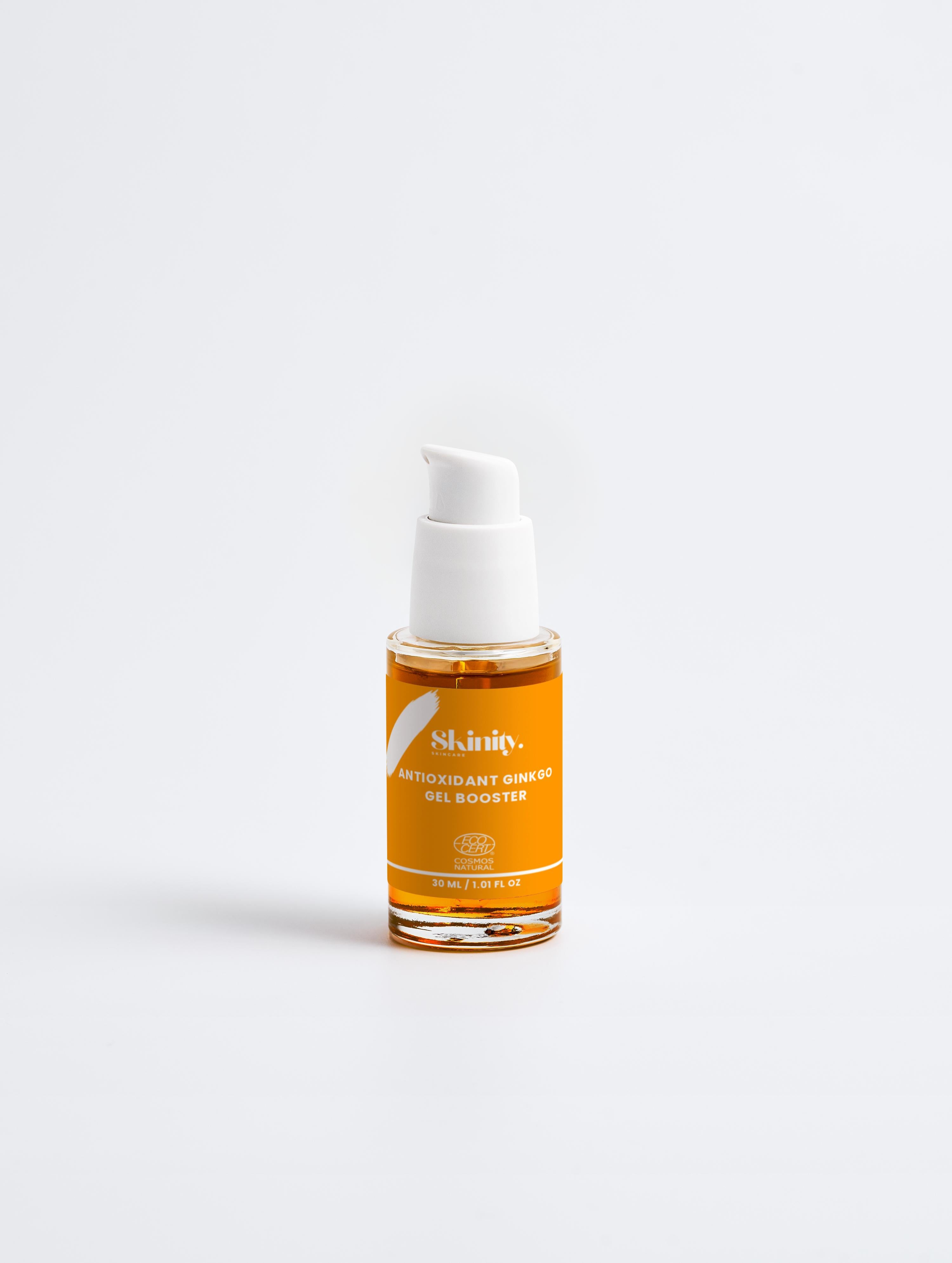Antioxidant Ginkgo Gel Booster bottle with pump for refreshing dull skin and protecting against environmental stress.