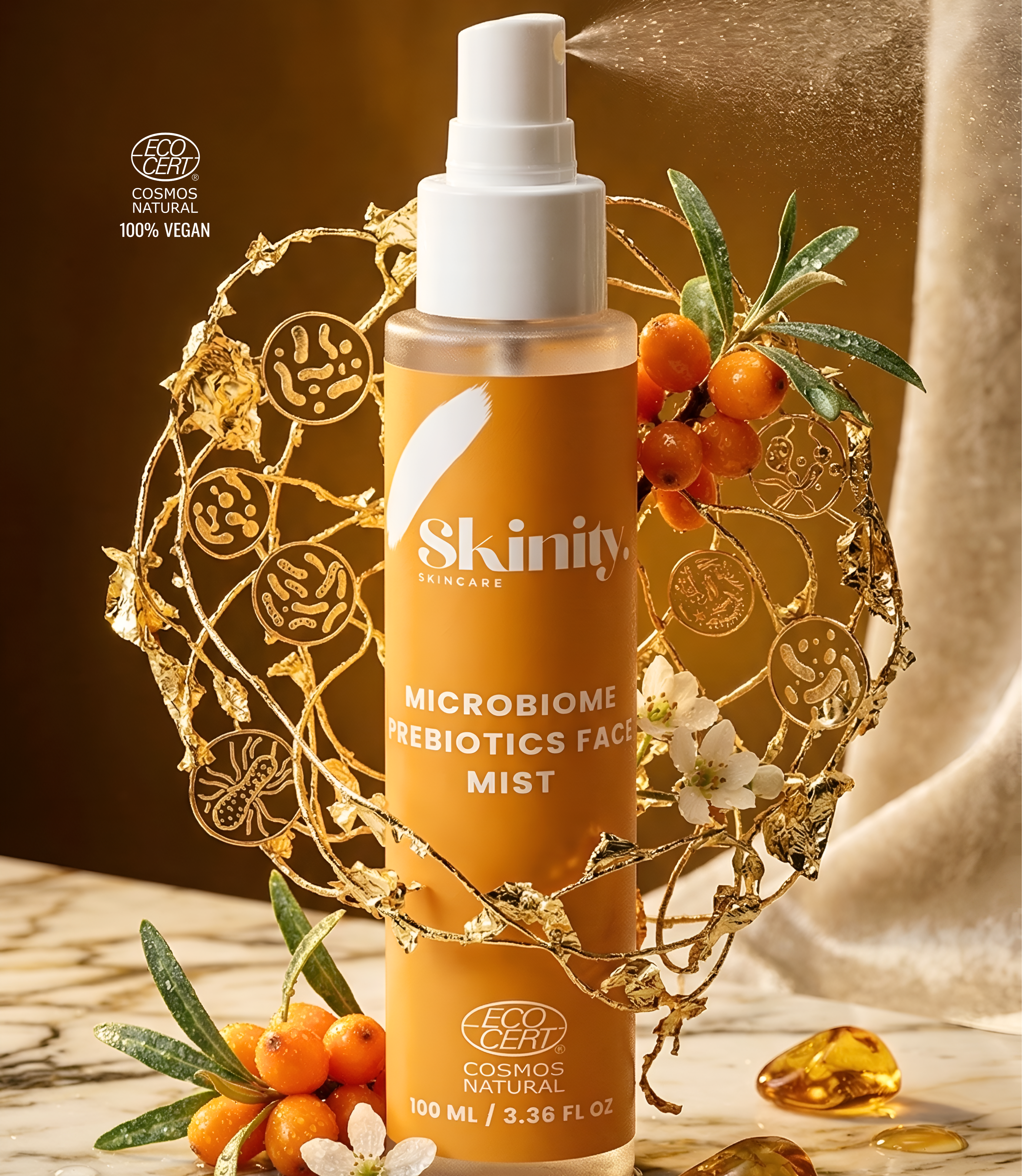 Skinity Microbiome Prebiotics Face Mist bottle surrounded by decorative elements, promoting hydration and skin balance.
