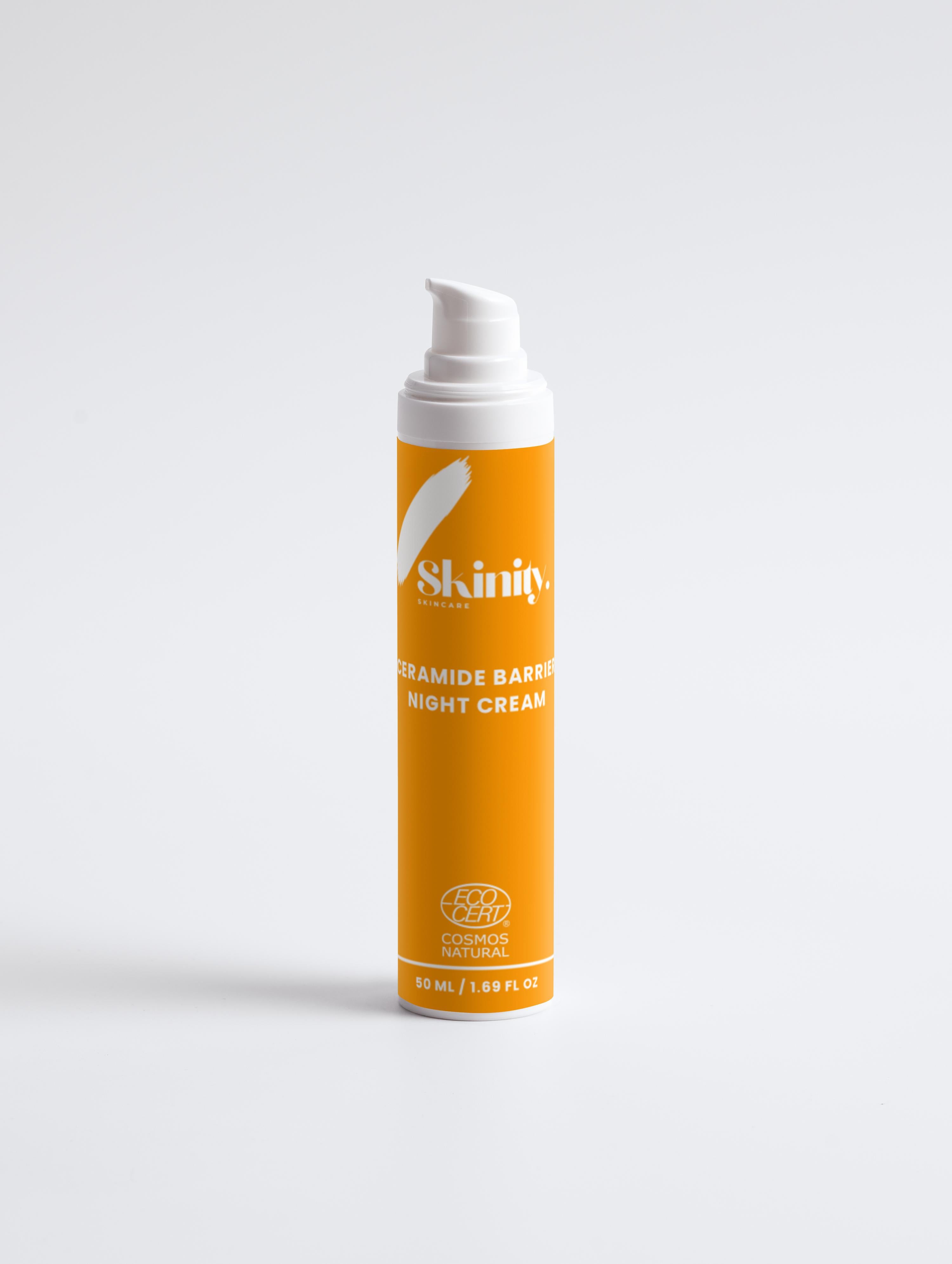 Ceramide Barrier Night Cream for all Skin Types in an orange pump bottle, ideal for restoring skin moisture overnight.
