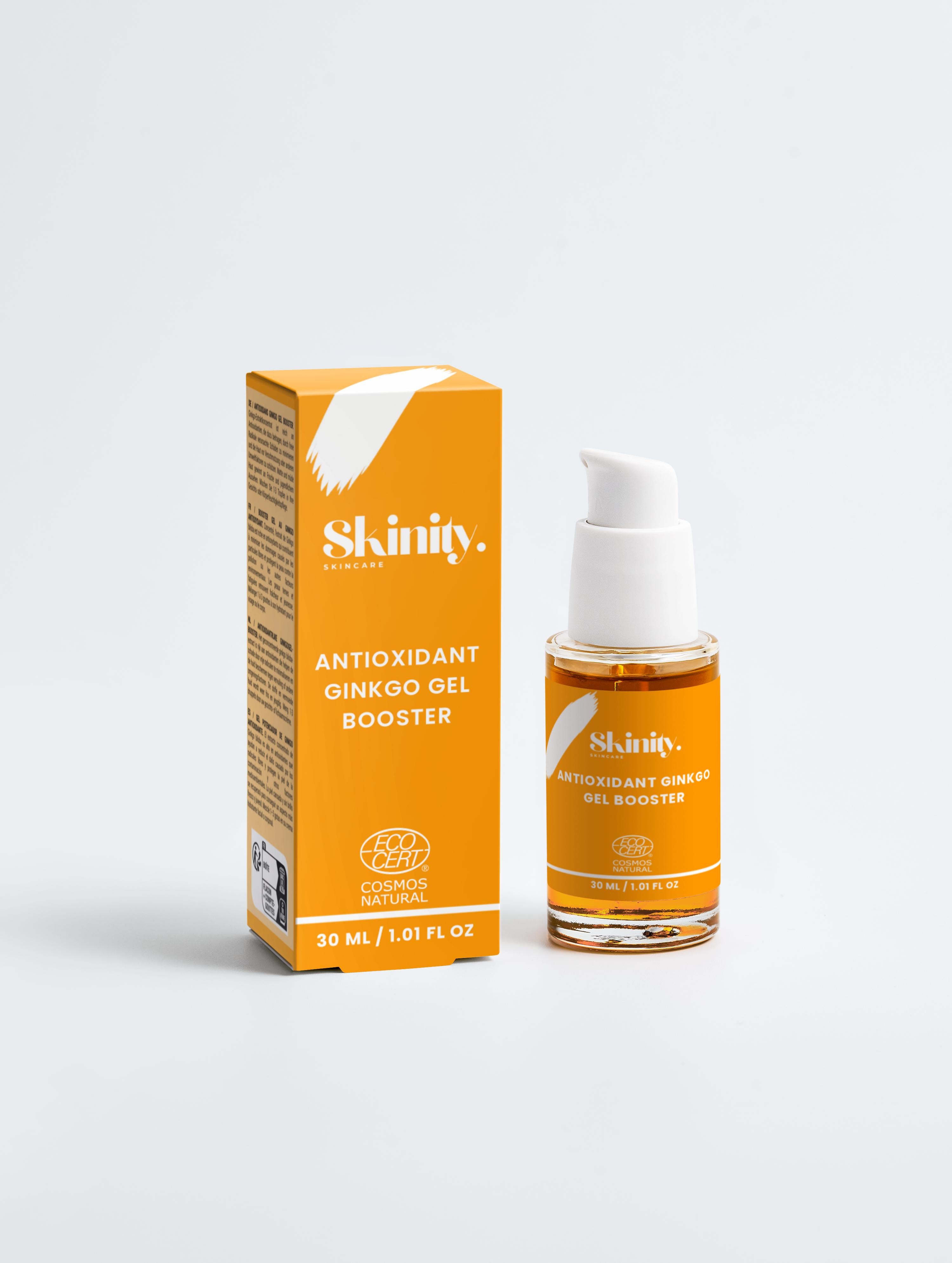 Antioxidant Ginkgo Gel Booster in a bottle with packaging, designed to refresh dull skin and protect against environmental stress.