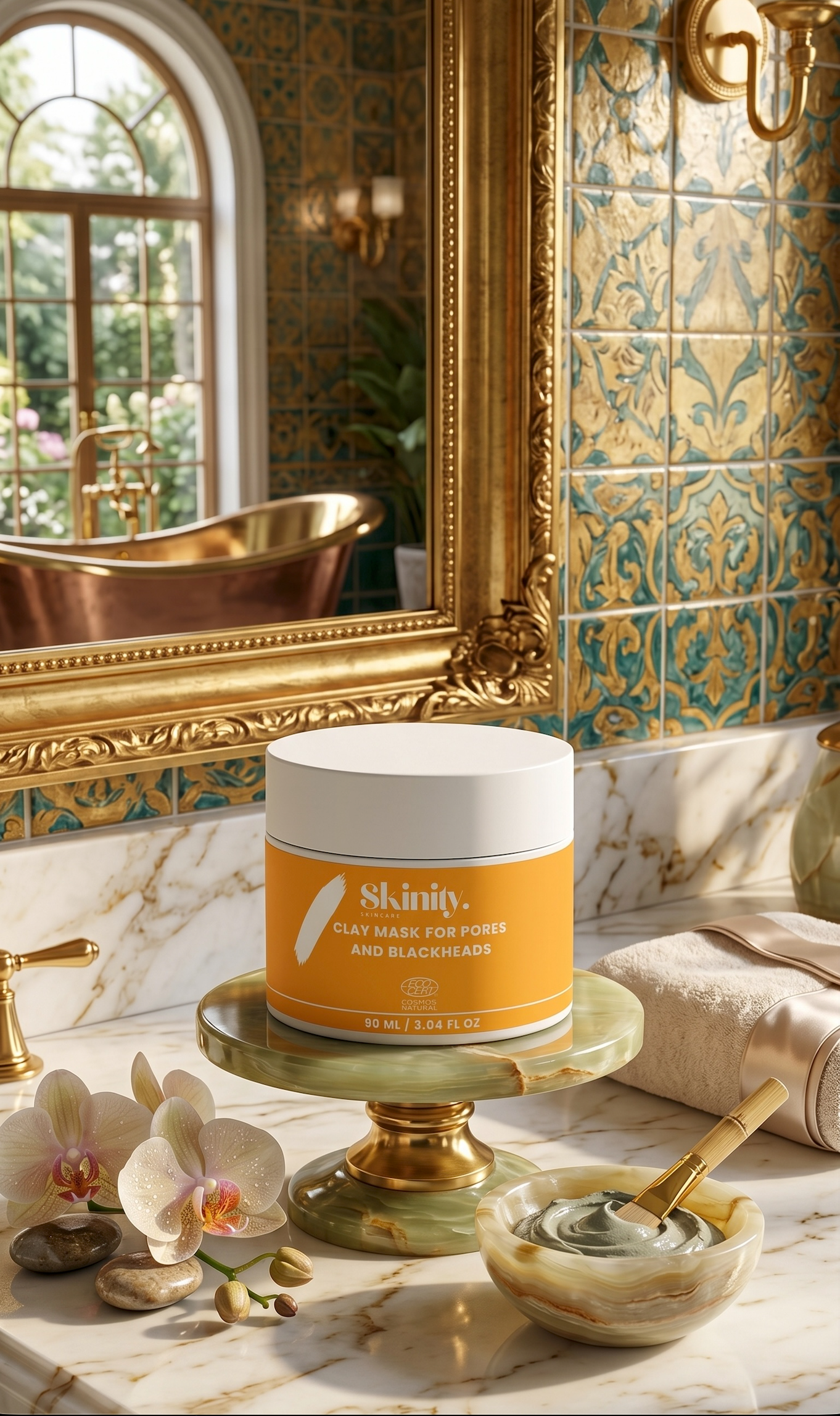 Skinity Clay Mask for Pores and Blackheads 90 ml orange jar on a marble counter with orchids, a bowl of mixed clay mask, a wooden brush, and a copper bathtub in the background.