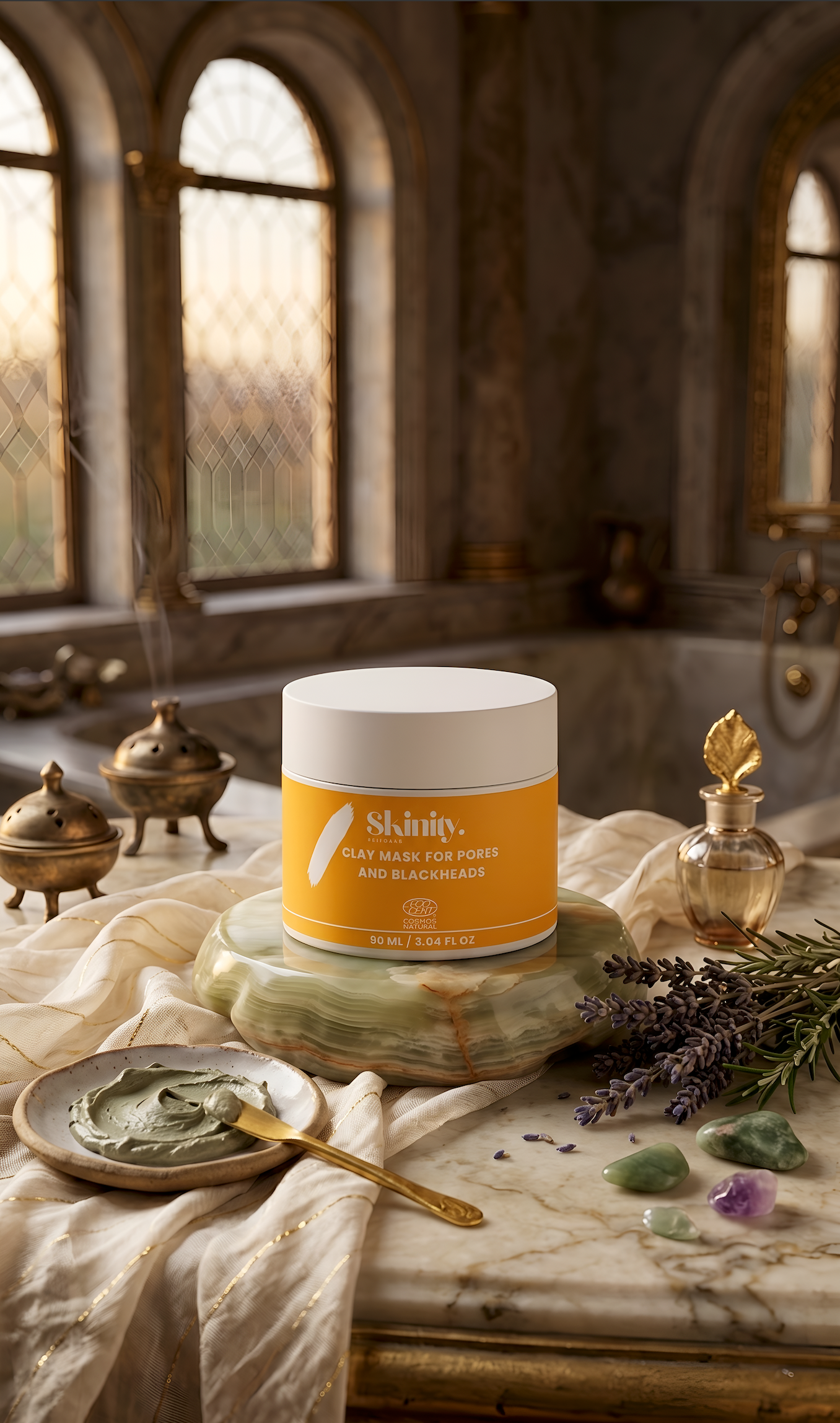 Skinity Clay Mask for Pores and Blackheads 90 ml orange jar on a marble surface, surrounded by lavender sprigs, crystals, an incense burner, and a dish with mixed clay mask, with a bathtub and arched windows in the background.