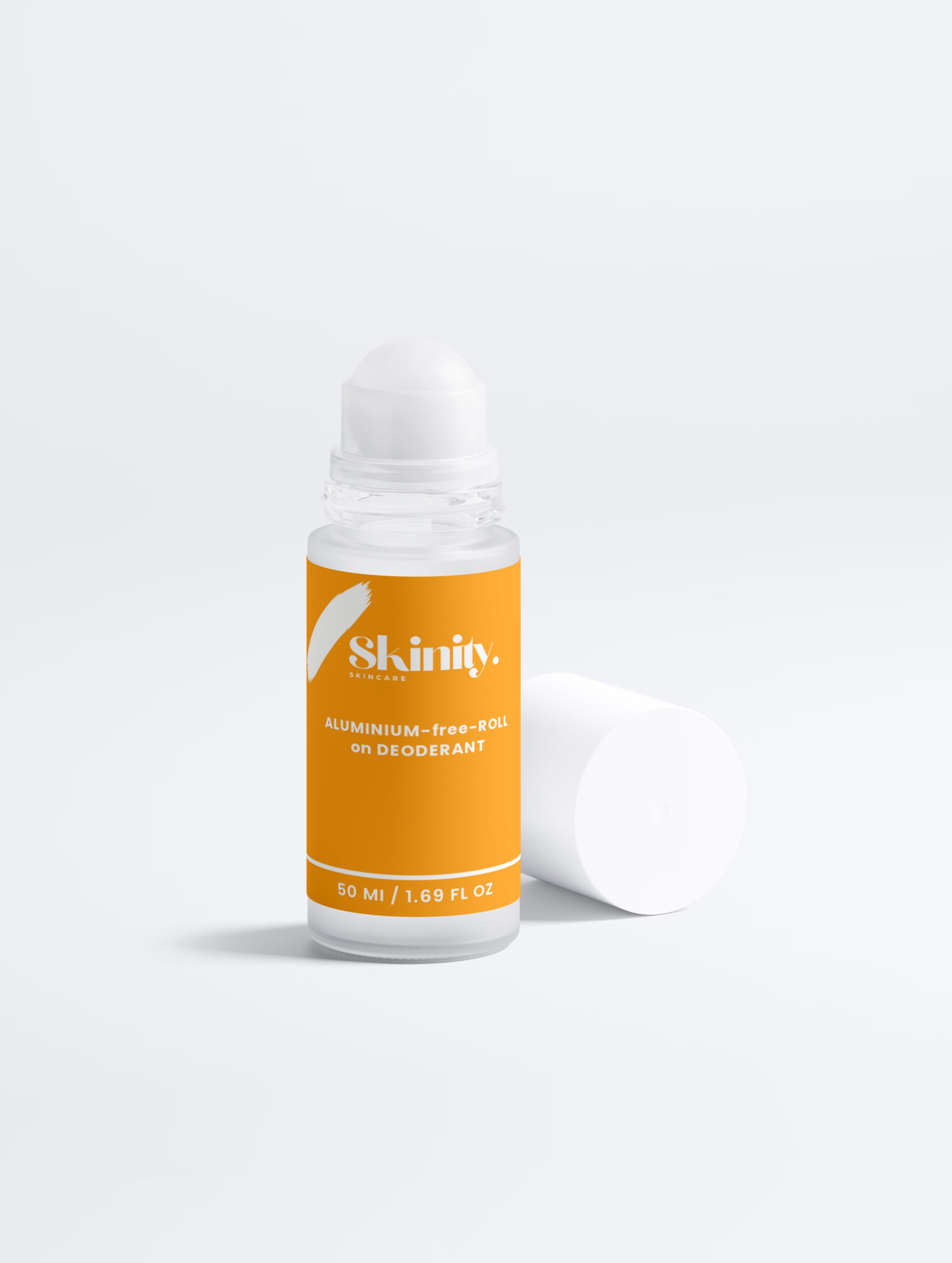 Skinity natural aluminum-free roll-on deodorant 50ml bottle with orange label and white cap